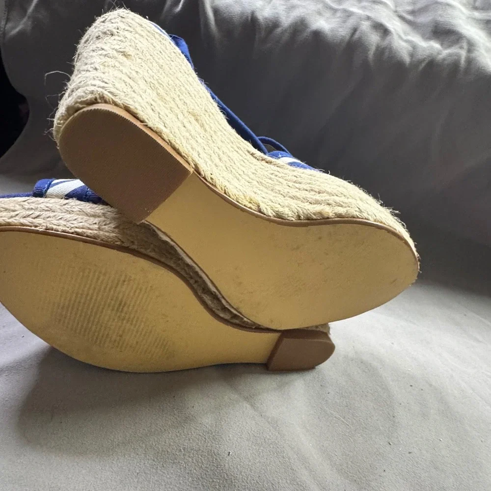 Theme Zebra Print Espadrille Wedge Sandals Blue White Ankle Tie 6.5M 169109‎